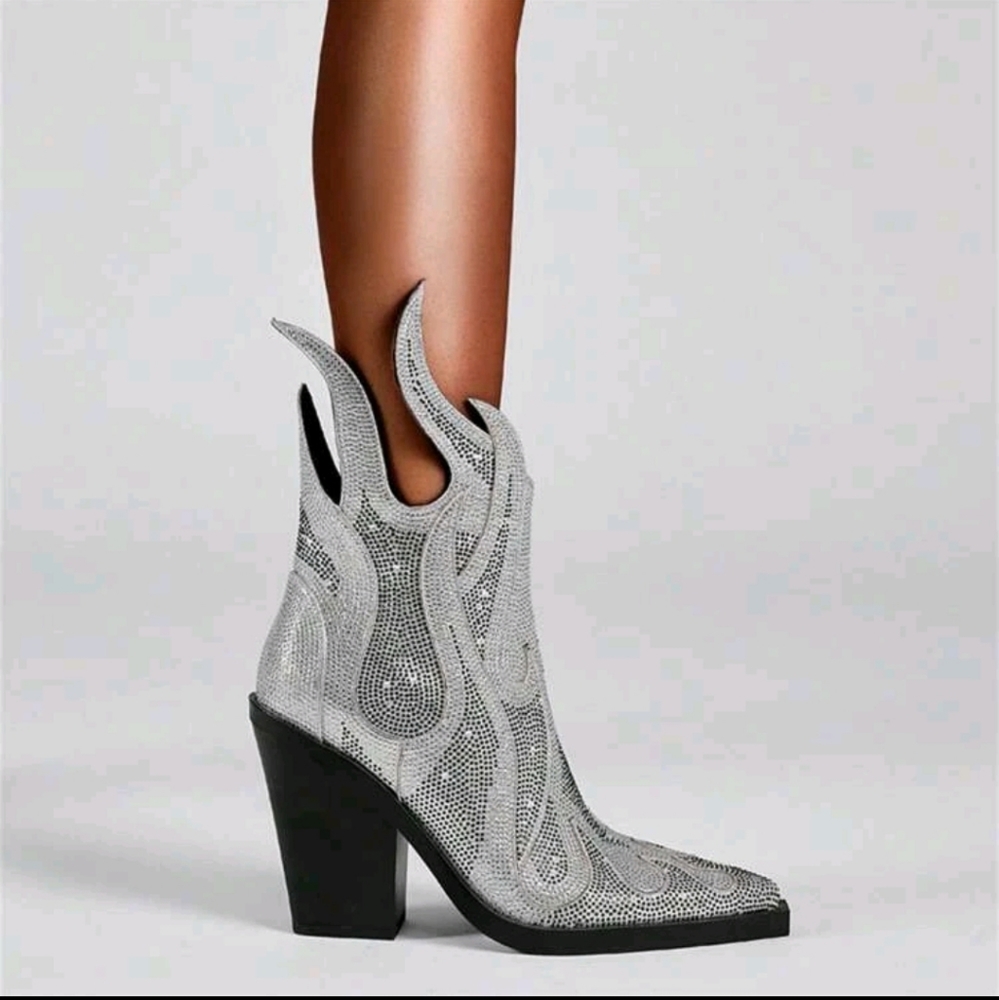 NEW RHINESTONE COWGIRL BOOTS SPARKLY POINTED TOE BLOCK HEEL ANKLE BOOTIES - Picture 4 of 6